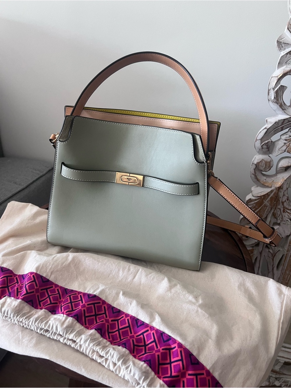 Tory Burch Sage Green Top-Handle Tote with Tan Trim